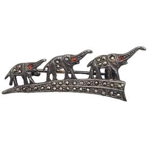 Sterling Silver Marcasite Three Elephant Parade Brooch Red Eye Pin Vintage Deco